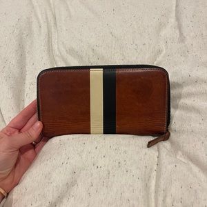 Claire V. Zip wallet. Tan with black and cream stripe. Used